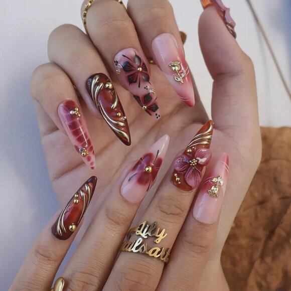 Press On Nails with 3D Floral Burgundy & Gold Line | Fake Nails in Long Almond - Picture 2 of 5
